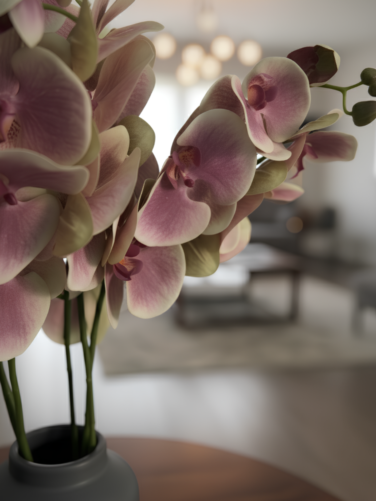 Orquídea polilla Amaranton de 99 cm con tacto real, 6 flores y 1 capullo, color rosa