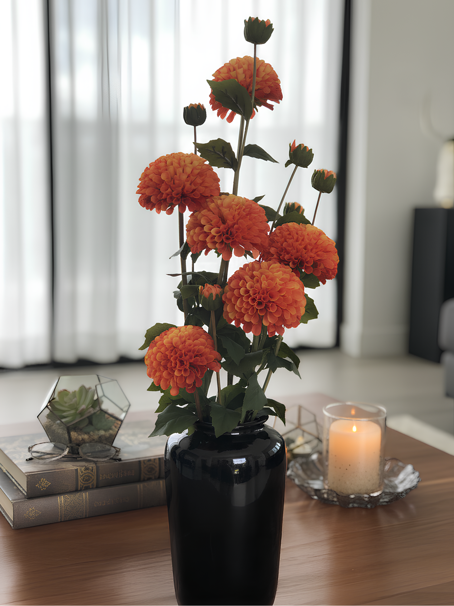 Amaranton™ 32" Artificial Dahlia with 1 Small Bloom and 1 Bud - Orange
