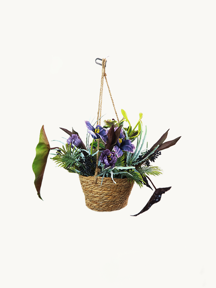 The "Violet Vine" Purple Petunias & Iris Hanging Basket Bouquet