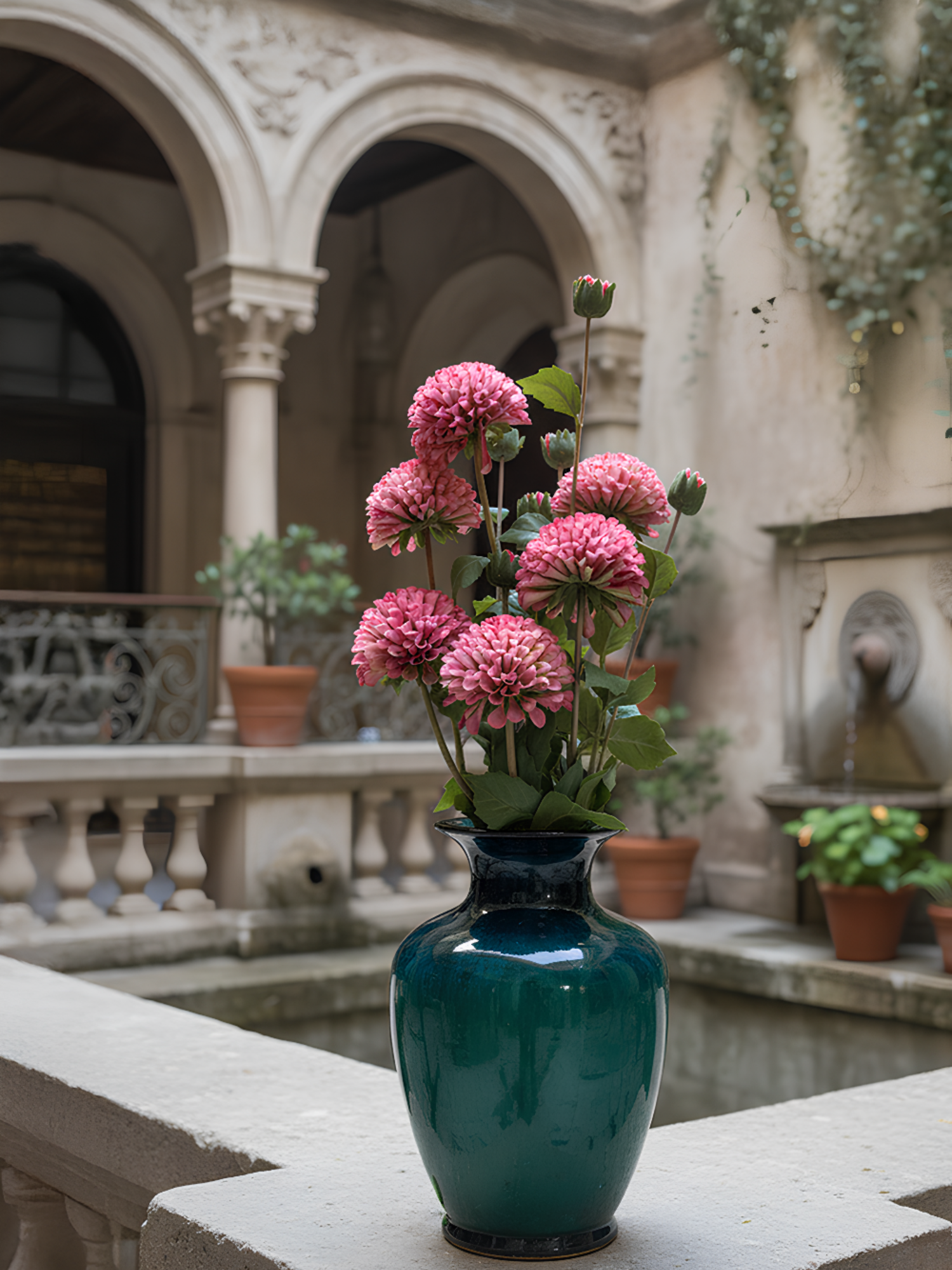 Amaranton™ 32" Artificial Dahlia with 1 Small Bloom and 1 Bud - Deep Pink
