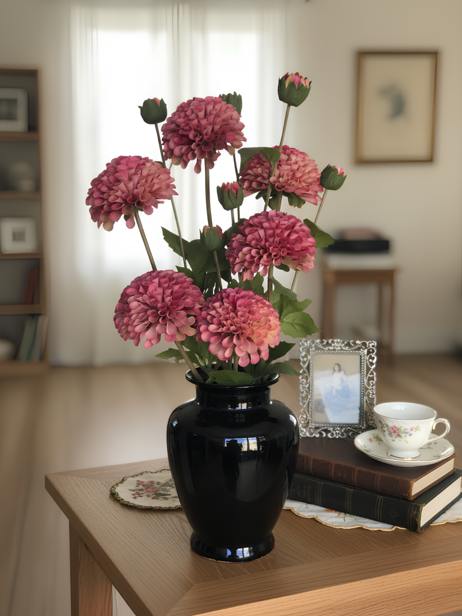 Amaranton™ 32" Artificial Dahlia with 1 Small Bloom and 1 Bud - Deep Pink