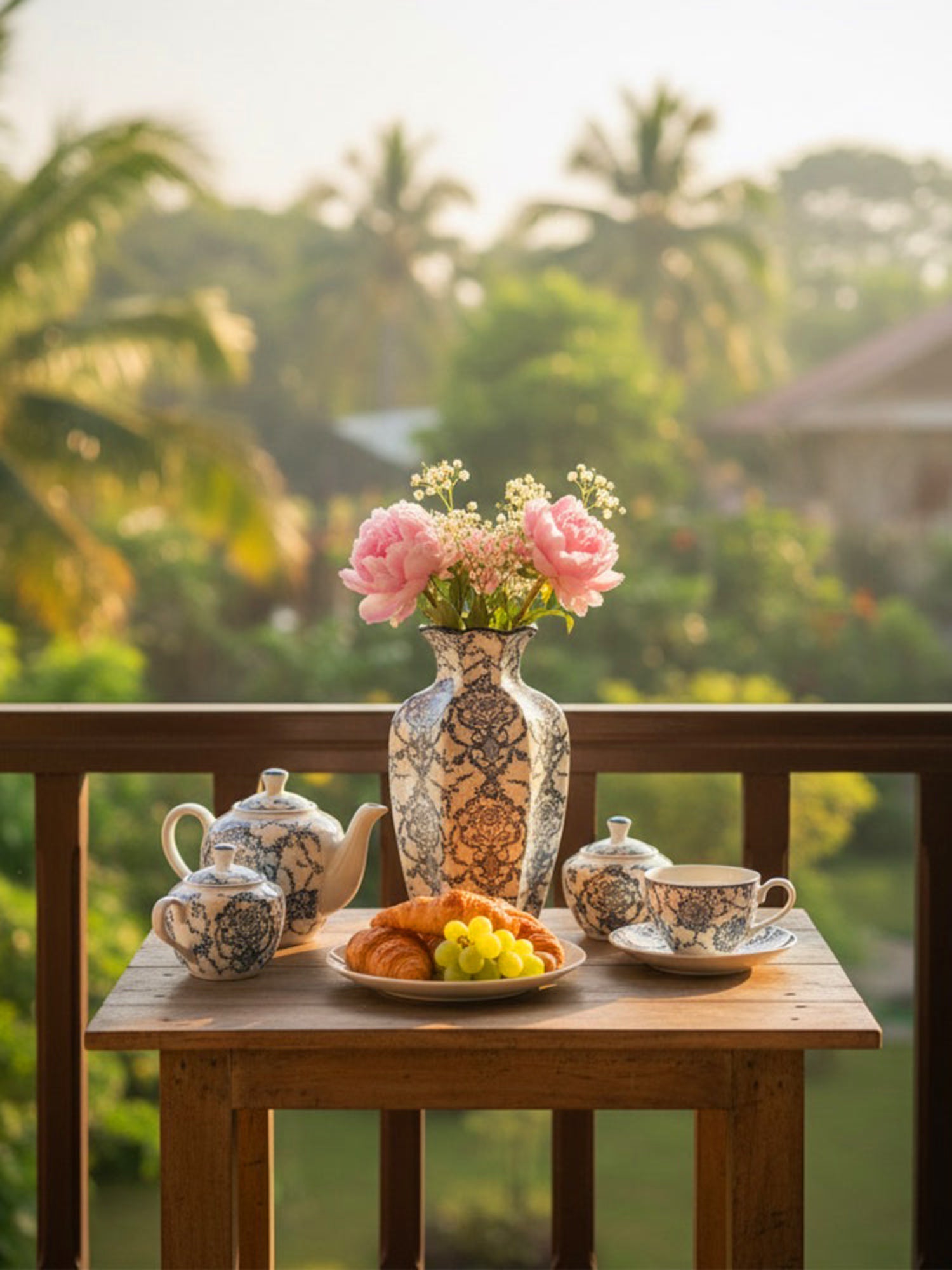 Amaranton™ 9" Blue Chinoiserie Scalloped baluster Vase