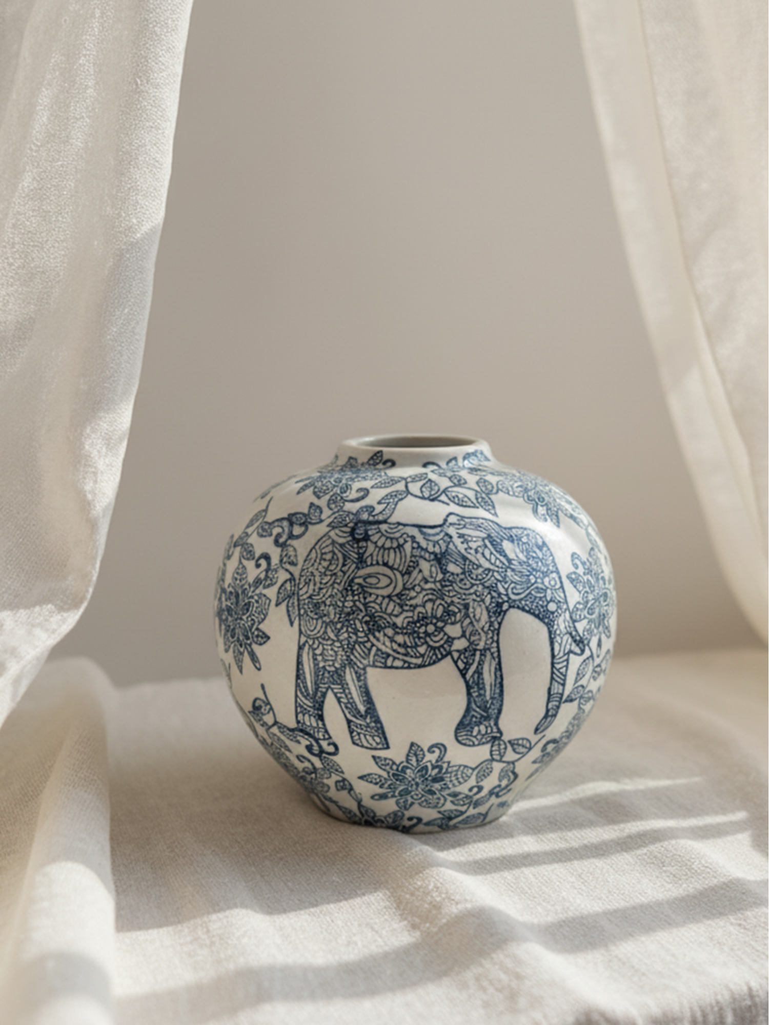 Amaranton™ 7" Blue & White Elephant Ginger Jar