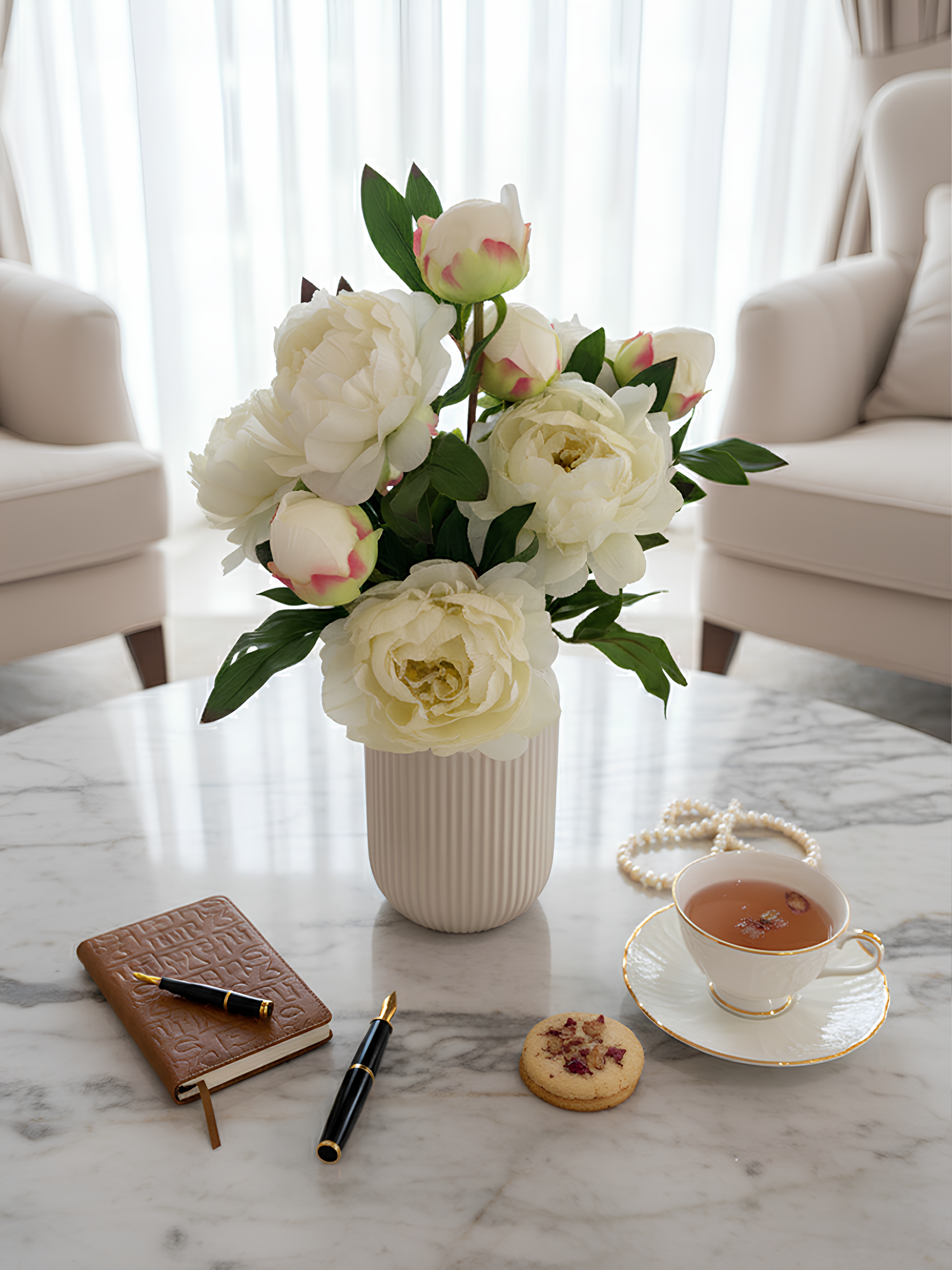 Amaranton™ 25" Realistica™ Peony with 1 Bloom and 1 Bud - White