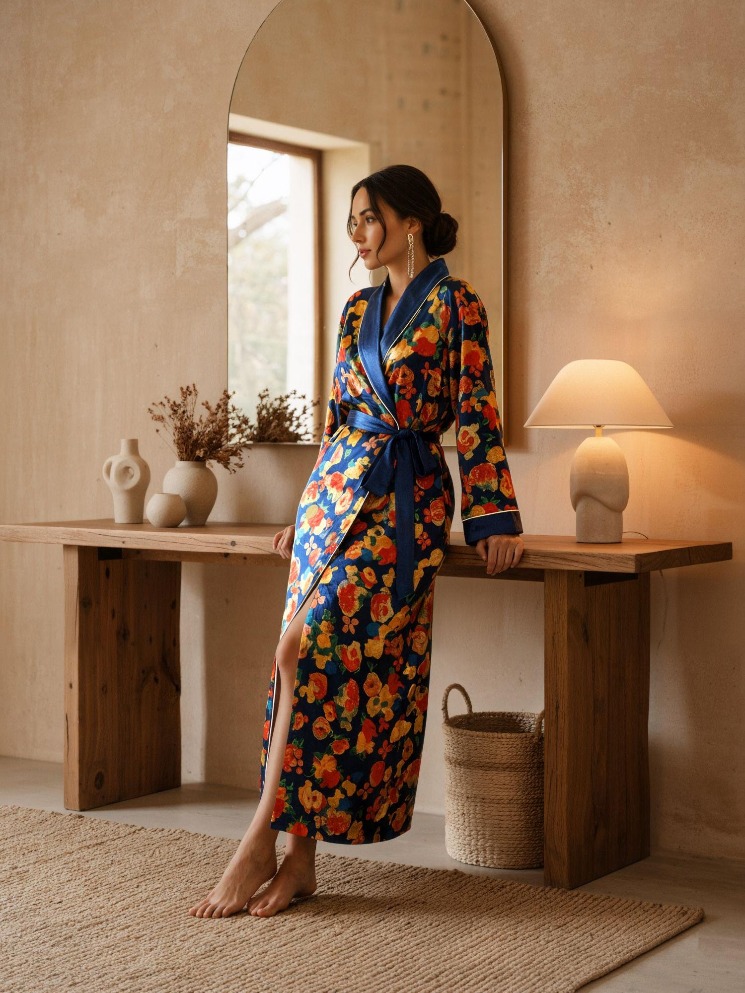 Luxury Floral™ | Velvet Long Robe Morning Loungewear - Blue