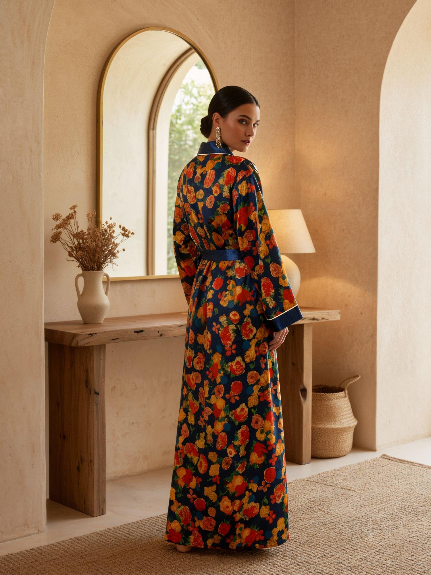 Luxury Floral™ | Velvet Long Robe Morning Loungewear - Blue