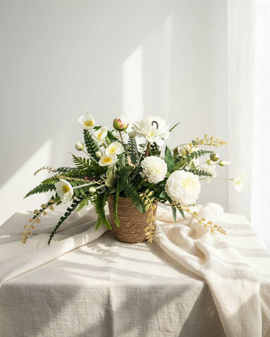 Elegant White Artificial Flower Arrangement with Basket
