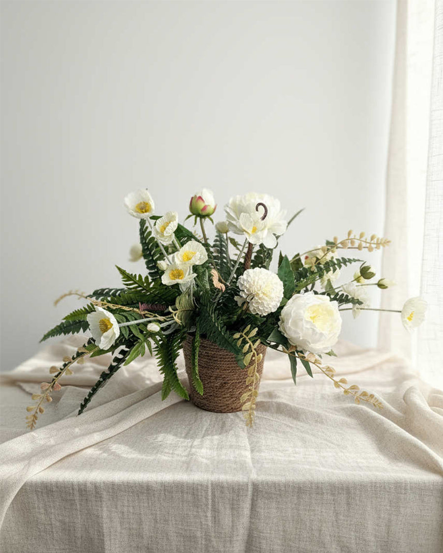 Elegant White Artificial Flower Arrangement with Basket
